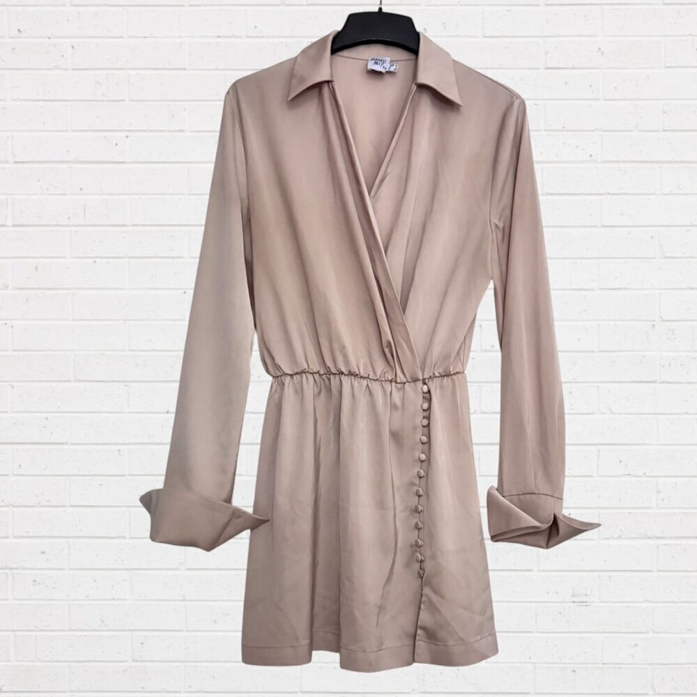 Princess Polly Taupe Satin Wrap Romper Quiet Luxury Cocktail Date Night US 6